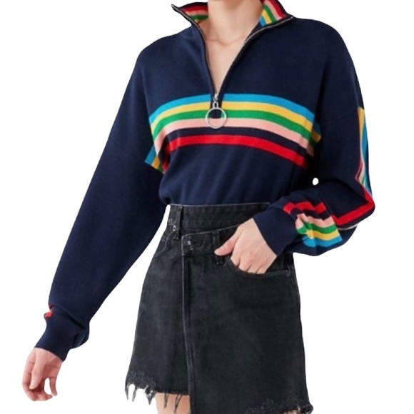 Urban Outfitters Sweaters - Urban Outfitters 1/4 Zip Stripe Rainbow Sweater Size Small Navy Blue